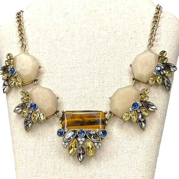 Statement Necklace Faux Stone, Tiger Eye and Rhinestones With Gold Tone Chain - Picture 9 of 9